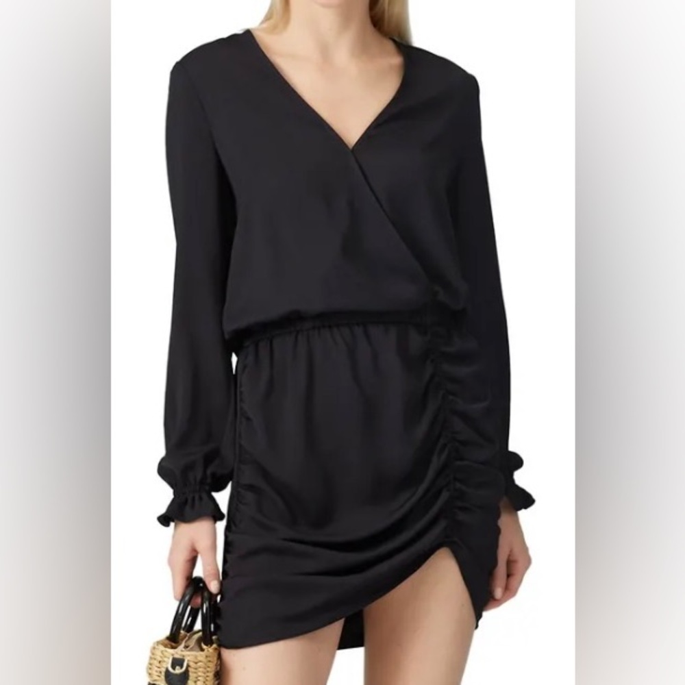 Ramy Brook Alec Ruched Black Long Sleeve Mini Dress - XS